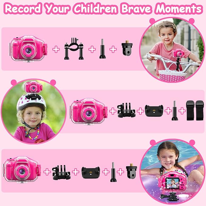 Agoigo Kids Waterproof Camera - Children Underwater HD Video Digital Camcorder, Portable Travel Toy for Toddler - Ideal Christmas Birthday Gifts for Boys Girls Age 3-12 with 32GB Card (Rose Red)