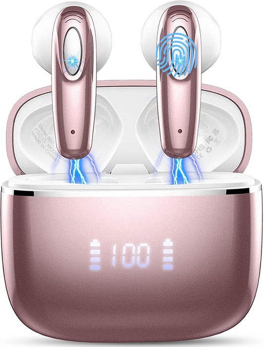 Wireless Earbud, Bluetooth Headphones 5.3 Built in 4 ENC Mic, Stereo Bass Wireless Earphones, 40H Bluetooth Earbud in-Ear LED Display, USB-C, IP7 Waterproof Sports Ear Buds for Android iOS, Rose Gold