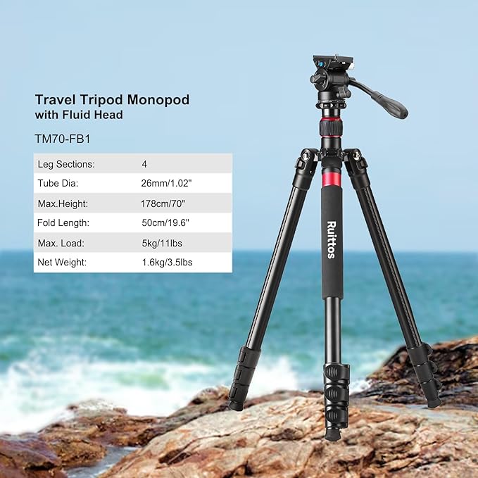 Camera Tripod, 70" Video Tripod with Fluid Head, Aluminum Heavy Duty Tripod with Carry Bag, Professional Camera Tripods & Monopods, Compatible with Canon, Sony, DSLR, Camcorder (TM70-FB1)