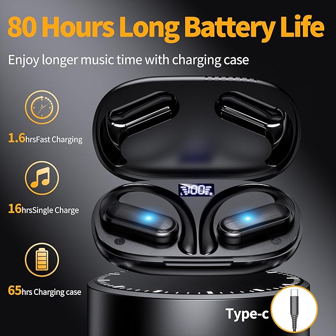 Wireless Earbuds,Bluetooth Headphones 80hrs Play Back Sport Earphones with LED Display Over-Ear Buds with Earhooks Built-in Mic IPX7 Waterproof Headset for Workout Grey -Black