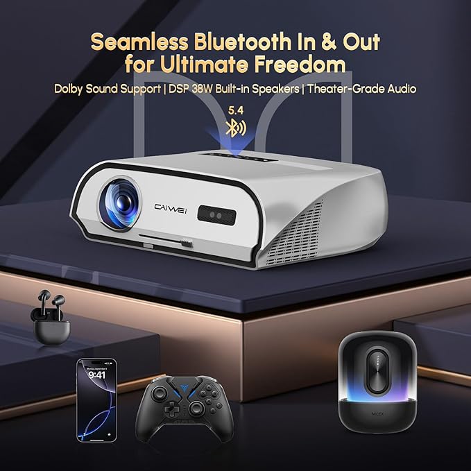 4K Home Cinema Smart Projector with HDR 10, Bluetooth, MEMC, WLAN, HDMI 2.1, NFC, Brighter True Daylight Video Projectors Streaming Apps for Outdoor Movies Gaming Office Classroom Art-tracing