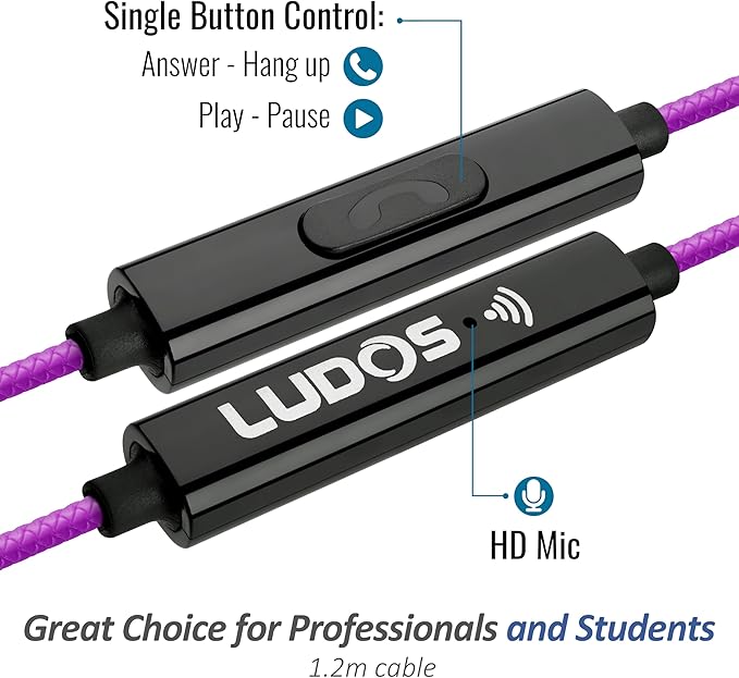 LUDOS Clamor Wired Earbuds in-Ear Headphones, 5 Years Warranty, Earphones with Microphone, Noise Isolating Ear Buds, Memory Foam for iPhone, Samsung, School Students, Kids, Women, Small Ears - Purple