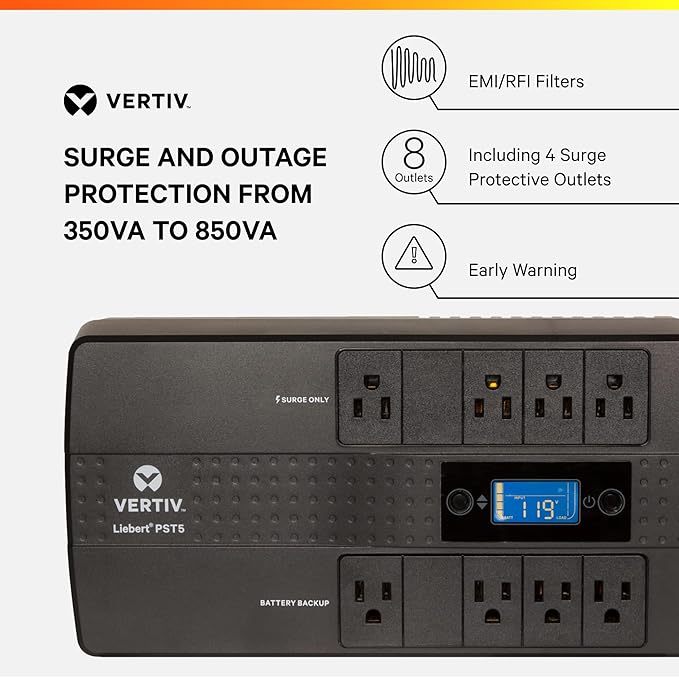 Vertiv Liebert PST5 UPS - 850VA/500W 120V Standby Power, 8 Outlets, Battery Backup with Surge Protection, LCD Screen, Energy Star Certified, 3 Year Warranty, Free Shutdown Software (PST5-850MT120)