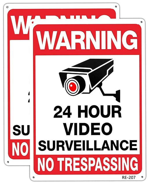 Warning Security Cameras in Use 24 Hour Video Surveillance Sign No Trespassing Sign 10x14 Aluminum UV Ink Printed,Durable/Weatherproof Up to 7 Years Outdoor for House and Business (2-Pack)