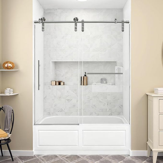 56-60" W x 66" H Tub Shower Door Bathroom Sliding Shower Door 5/16"(8mm) Thick Tempered Glass Shower Door with Double Stainless Steel Handles for Bathtub, Brushed Silver