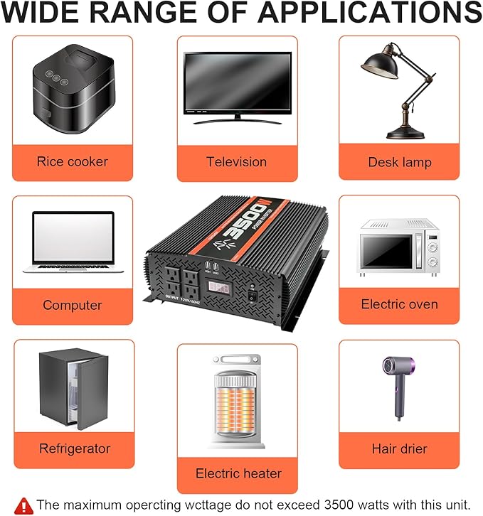 3500W Inverter 12V DC to 110V AC Converter for Home, RV, Truck, Off-Grid Solar Power Inverter with Built-in 5V/2.1A USB, AC Hardwire Port, Remote Controller