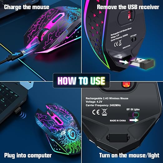 VersionTECH. Wireless Gaming Mouse, Rechargeable Computer Mouse Mice with Colorful LED Lights, Silent Click, 2.4G USB Nano Receiver, 3 Level DPI for PC Gamer Laptop Desktop Chromebook Mac-Black