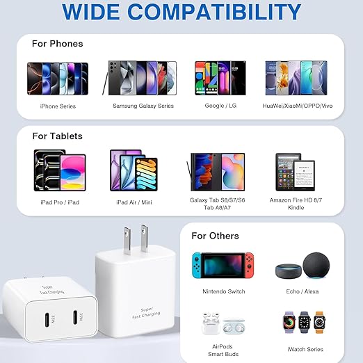 USB C Wall Fast Charger Block,35W 2-Port Type C Charger Fast Charging Block PD Power Charger Adapter+QC 3.0 USB Multiport Charger Brick for Apple iPhone 17/16/15/14/13 Pro Max,iPad,Galaxy S25/24-2Pack