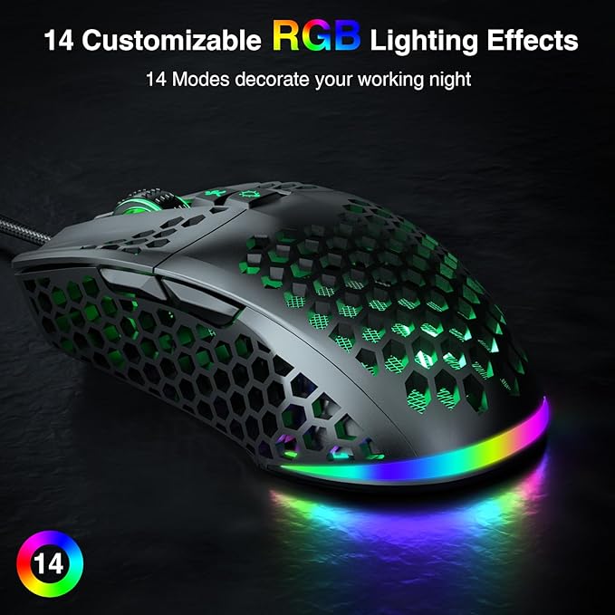 RGB Wired Gaming Mouse with Honeycomb Shell,Adjustable 12800 DPI,7 Programmable Buttons,Lightweight Gaming Mice Ergonomic Computer Mouse Gaming for Windows/PC/Mac/Laptop Gamer