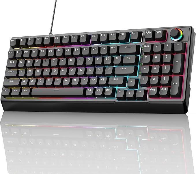 Mechanical Gaming Keyboard with Red Switches:98 Keys with Backlit, Black, Fine-Tune Audio or Brightness Using The Dual-Function knob,17 Lighting Modes,Anti-Ghosting, Wired USB for PC Mac Gaming