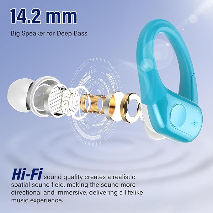 Wireless Earbuds Bluetooth 5.4 Headphones 75H Stereo Deep Bass Sports Over Ear Buds with Earhooks, LED Display Bluetooth Earbuds with 4 ENC Mic, IP7 Waterproof Earphone for Running, Blue