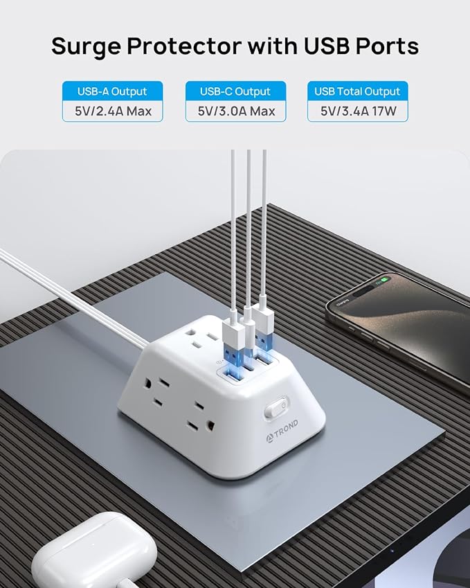 TROND 15ft Long Extension Cord, Ultra Thin Flat Plug Power Strip, 5 Widely-Spaced AC Outlets and 3 USB Ports, 1440J Surge Protector, 3-Sided Wall Mount for Home Office Dorm Room, White