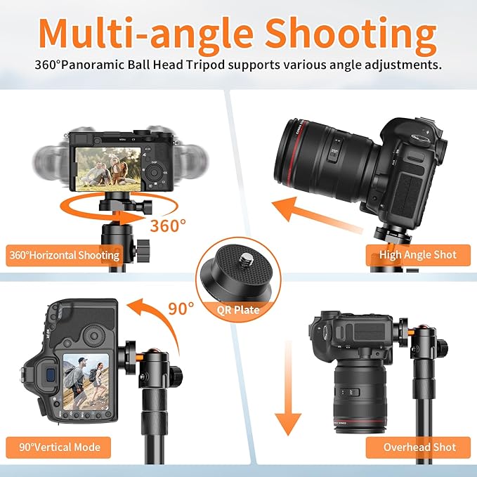 XXZU 71" Camera Tripod, Tripod for Camera Phone with 360°Ball Head and Smartphone Holder, Aluminum DSLR Tripod Stand, Travel for Phone/DSLR/SLR/Projector/Video Recording, Max Load 8kg/17.64lb