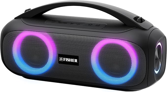 Fisher Portable Bluetooth Speaker IPX5 Water Resistent Speaker, 60W Peak Power Bluetooth Stereo Boombox HD Sound, 3H Playtime, LED Lights, TWS, BT5.3, FM Radio, AUX, Wireless Electronic Home Outdoor