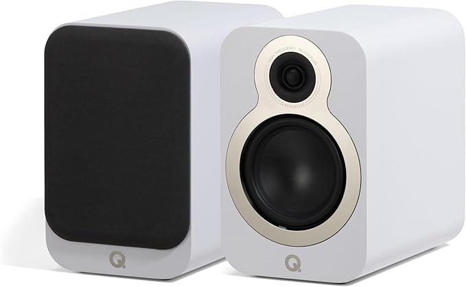 Q Acoustics 3020c Bookshelf Speakers Pair Satin White - 2-Way Reflex Enclosure Type, 4.75" Bass Driver, 0.9" Tweeter - Stereo Speakers/Passive Speakers for Home Theater Sound System