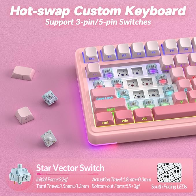 AULA S75 PRO Wireless Mechanical Keyboard with Screen&Knob, Tri-Mode Hot Swappable Gaming Keyboard 75%, Pre-lubed Switches, RGB Backlit, Side Printed PBT Keycaps, Creamy Sounding Pink Keyboards