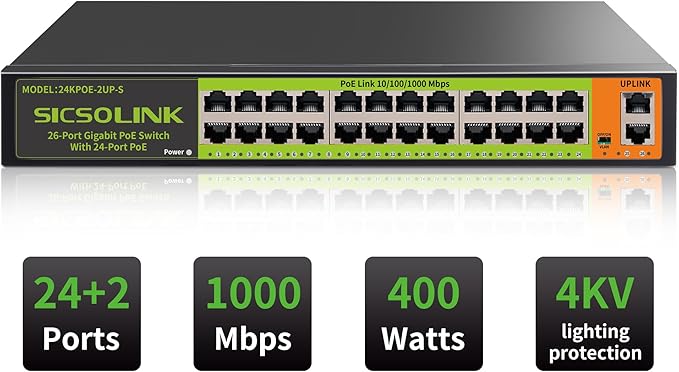 24 Port Full Gigabit PoE+ Switch, 2 Gigabit Network Uplink, 400W, Unmanaged, Fanless Silent Operation, 802.3af/at, 19''Rackmount, Qos, Suitable for POE Camera, AP, PC