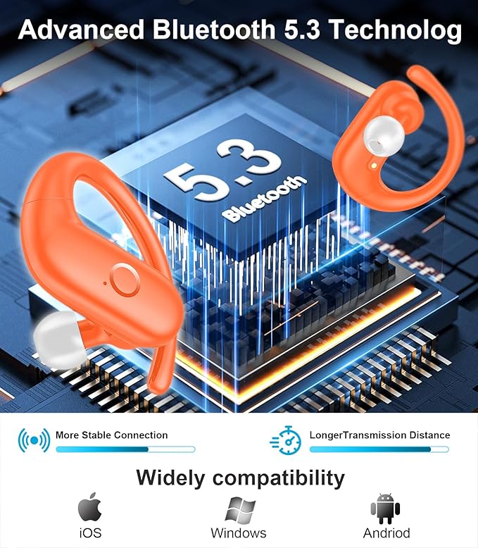 MOZOTER Wireless Earbuds Bluetooth Headphones Sport,Over Ear Buds with Deep Bass Sound,60Hrs Playtime Earphones Redesigned Comfort Fit with Earhooks for Running,Meeting,Workout- Orange