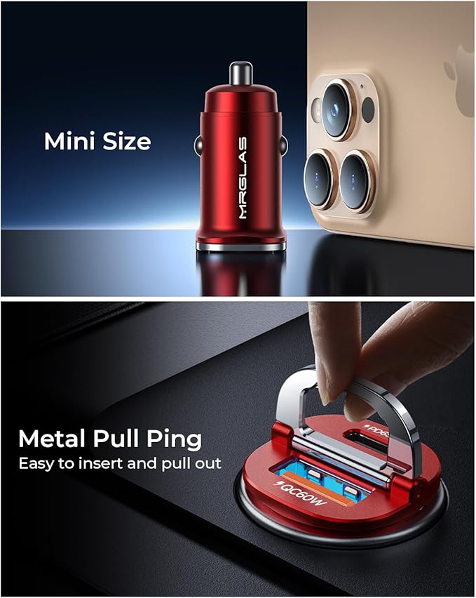 【Upgraded】 125W USB C Car Charger Super Fast Charging for iPhone 16, [PD65W & QC60W][All Metal] MRGLAS Cigarette Lighter Car Charger,Dual Port for iPhone 16 15 Pro iPad Samsung S25 S24 MacBook-Red
