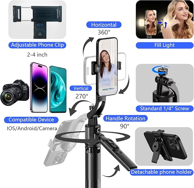 Auto Face Tracking Selfie Stick Tripod for iPhone with Light 360 Rotation 63" Phone Camera Tripod Stand Follows Your Movement with Wireless Remote for Content Creator Vlog Live Stream Video Recording