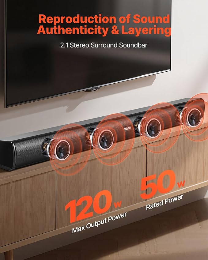 VEVOR Sound Bar for Smart TV, 2.1 Channel, 35-Inch Compact Soundbar TV Speakers with Built-in Subwoofer for Projector, Bluetooth AUX Connection, Easy Setup, 120W Surround Sound System for Home Audio