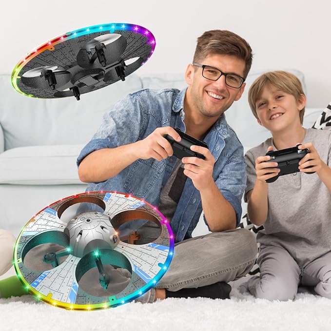 Round Foam RC UFO Drone with Camera, Multi-Color LED Lights (Color Switching), 360° Flips, Speed Adjustment, Remote Control Plane Helicopter, One-Key Takeoff/Landing, Beginner-Friendly FPV Quadcopter Airplane (Silvery)