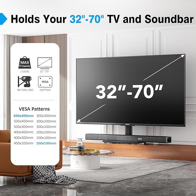 Universal Tabletop TV Stand with Wall Mount for 32 to 70 inch 4 Level Height Adjustable, Heavy Duty Tempered Glass Base, Holds up to 110lbs Screens, HT03B-002