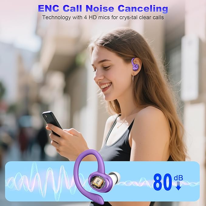 Wireless Earbuds Sport, 2025 Bluetooth 5.4 Headphones with Earhooks, 50H Stereo Deep Bass Over Ear Buds with 4 ENC Noise Canceling Mics, IP7 Waterproof Earphones for Running Workout Gym -Purple