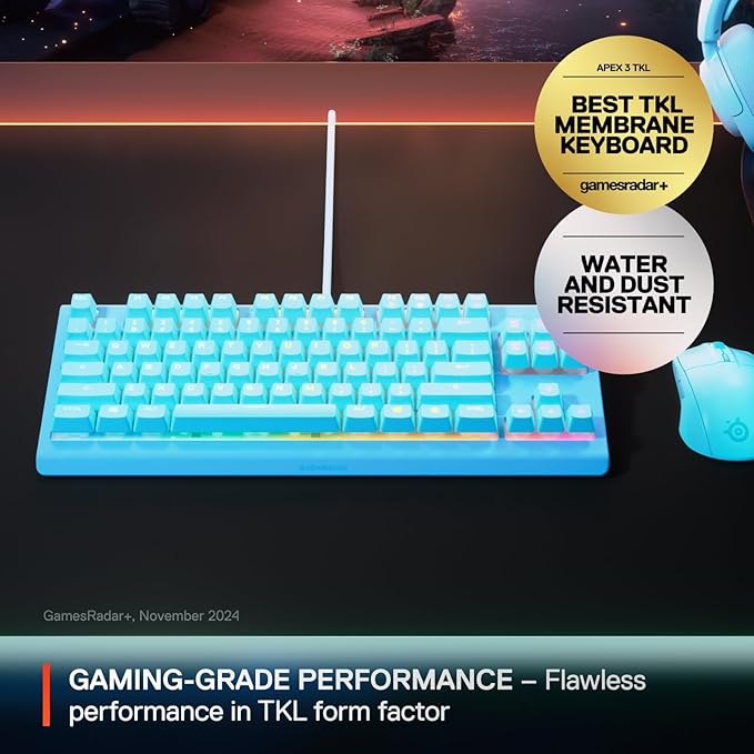 SteelSeries Apex 3 TKL Aqua RGB Gaming Keyboard — Tenkeyless Compact Form Factor — 8-Zone RGB Illumination — Water and Dust Resistant — Whisper-Quiet Gaming Switch