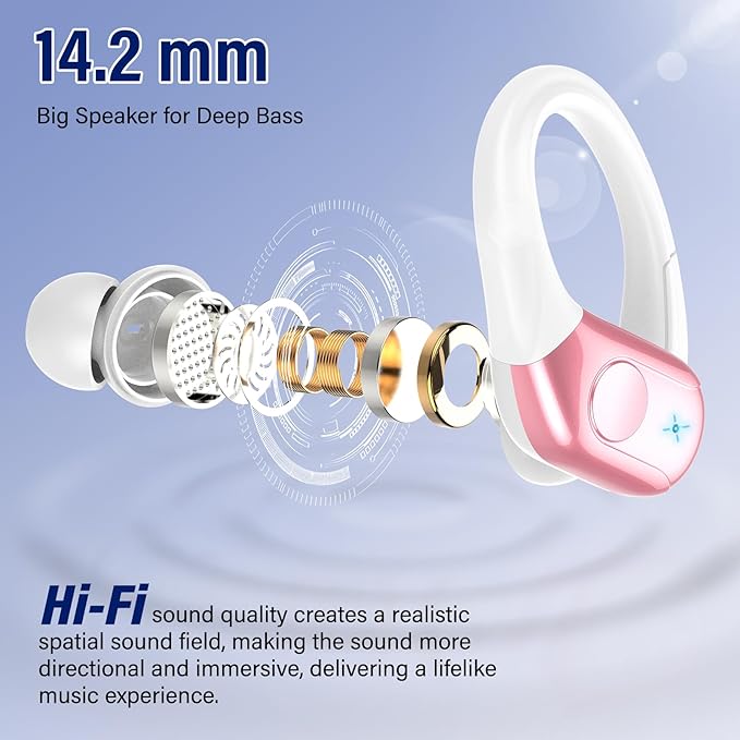 Wireless Earbuds Bluetooth 5.4 Headphones 75H Stereo Deep Bass Sports Over Ear Buds with Earhooks, LED Display Bluetooth Earbuds with 4 ENC Mic, IP7 Waterproof Earphone for Running, Pink