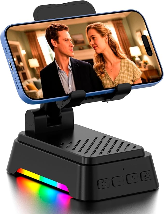 Gifts for Men Women, Cell Phone Stand with Bluetooth Speaker 5.4 and Light, Stereo Sound