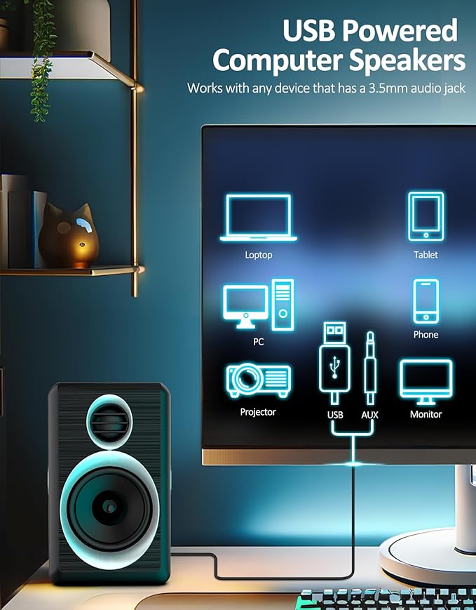 2.0 Computer Speakers, PC Speakers 3.5mm Aux Input, USB-Powered Small PC Speakers with Deep Bass, Suitable for Desktop Computers/Laptops Built in 4 Speaker Diaphragms