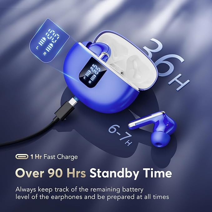 Wireless Earbuds Bluetooth 5.4 Headphones, ANC Ear Buds with CVC 8.0 Deep Bass, 36H Long Playtime, Power Display, IPX7 Waterproof in Ear Earphone with Mic for Phone Tablet Sports Workout, Blue