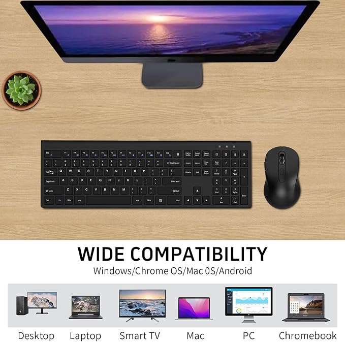 Wireless Mouse and Keyboard Combo, Full-Size Computer Keyboard with Calculator Button, 2400 Dpi Ergonomic Mouse, Ultra-Thin Cordless USB Keyboard and Mouse Set for Laptop Windows Mac - Black