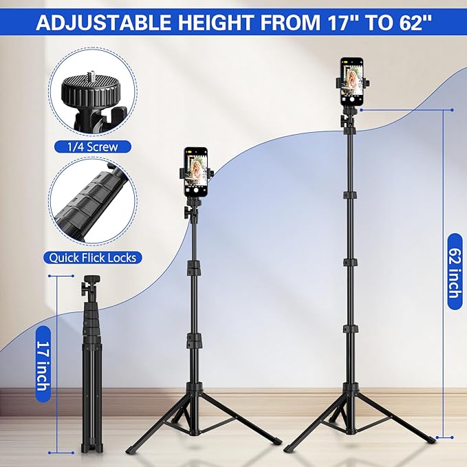 62" Phone Tripod with Tripod Mount Adapter & LED Light, Extendable Phone Tripod Stand with Wireless Camera Remote for iPhone, Android Phone Wrist Strap Included (Black-Tripod)
