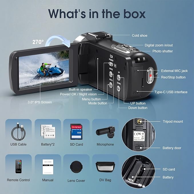 Camcorder Video Camera 4K HD 80MP Vlogging Camera for YouTube IR Night Vision Camera 18X Digital Zoom 3.0 IPS Screen Video Recorder with 32GB SD Card, 2 Batteries, Remote Control