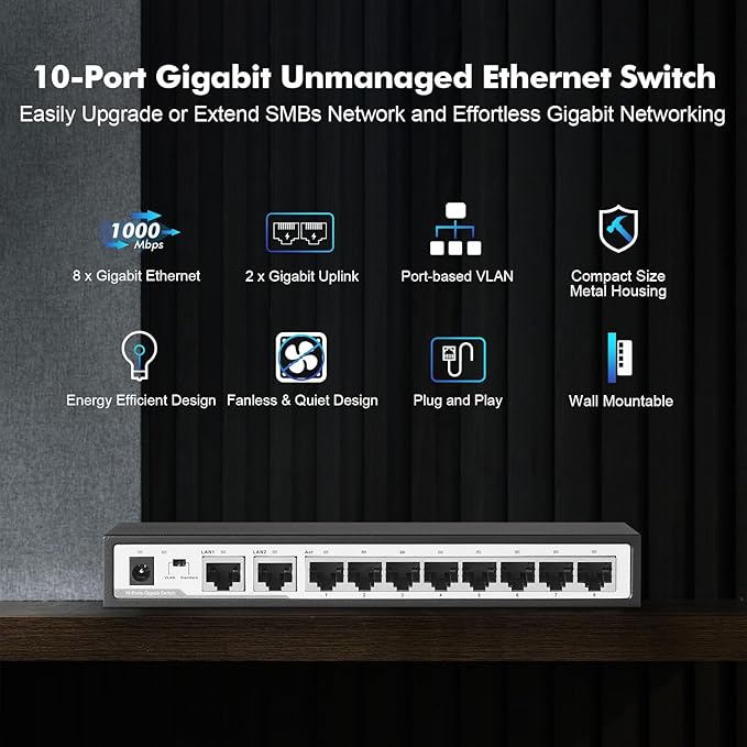 10 Port Gigabit Switch, 8 x 100/1000Mbps Ports, 2 Gigabit Uplink, Support Vlan, Metal Fanless Unmanaged Plug and Play YuLinca Ethernet Switch