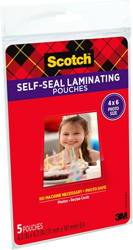 Scotch Self-Sealing Laminating Pouches, 4 x 6 Inches, 3-Pack of 5 Pouches – No Machine Needed, Clear, Photo Safe