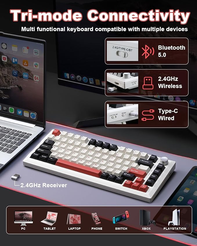 Y75 Wireless Mechanical Keyboard,75% Hot Swappable Custom Keyboard with Knob,RGB Backlit, PBT Keycaps,2.4GHz/USB-C/BT5.0 Mechanical Gaming Keyboards(White&Red,Milk Switch)