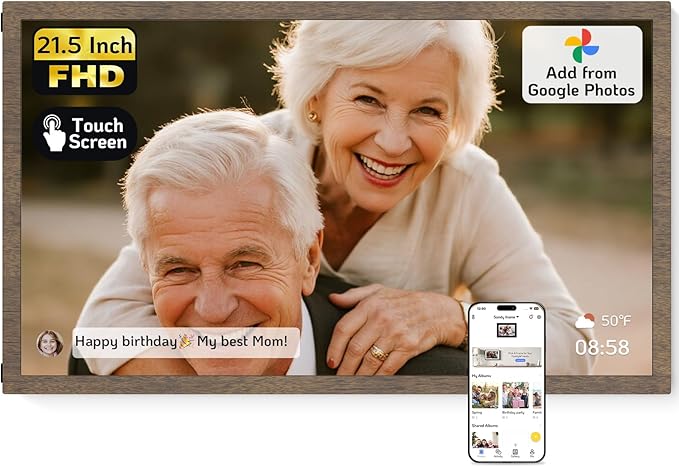 NexFoto Digital Photo Frame 21.5 Inch Touchscreen, 64GB Large Digital Picture Frame FHD 1920 * 1080, Add Photos from Google Photos, Upload Videos Instantly, for Housewarming, Dark Wood