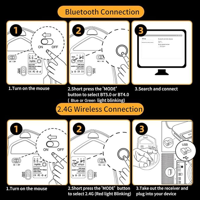 Wireless Bluetooth Mouse,[Upgraded] Rechargeable (BT 5.0/4.0+2.4G Hz),Computer Mouse with Visible Battery Level, 4 Adjustable DPI, Portable PC Mouse for MacBook Chromebook,Black