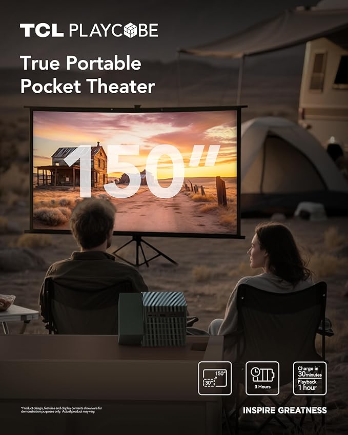 TCL PlayCube 1080P FHD DLP Projector, GTV Portbale Projector with Netflix Certified, 750 ISO Lumens, 4K Supported, 3h Playtime with Built-in 66Wh Battery, Up to 150'' Screen, Auto Focus & Keystone