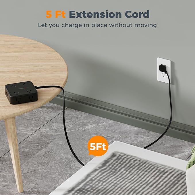 TESSAN Surge Protector Flat Plug Power Strip, Black Extension Cord, 8 AC Outlets, 3 USB Charger(1 USB C Port) 3 Side Outlet Extender, 5 Ft, 900 Joules Protection, Office Supplies, Dorm Essentials