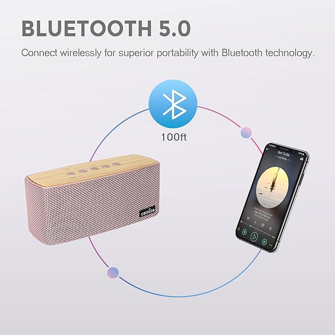 comiso Bluetooth Speakers, Portable Speaker 5.0 with 20W Stereo Sound, Wireless Stereo Pairing, Wood Bluetooth Audio with Subwoofer, 24H Playtime, Hands-Free, Great for Office, Home, Outdoor(Pink)