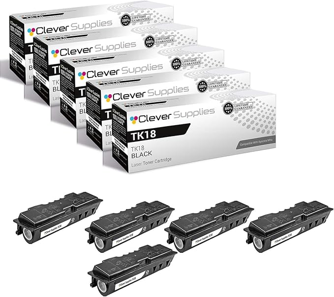 Clever Supplies CS Replacement Toner Cartridge Compatible with Kyocera-Mita TK18 Black CS-1820, FS-1020D, KM-1500, KM-1818, FS-1018MFP, FS-1118MFP, KM-1815, KM-1820 Black 5 Pack