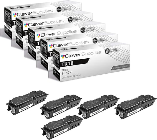 Clever Supplies CS Replacement Toner Cartridge Compatible with Kyocera-Mita TK18 Black CS-1820, FS-1020D, KM-1500, KM-1818, FS-1018MFP, FS-1118MFP, KM-1815, KM-1820 Black 5 Pack
