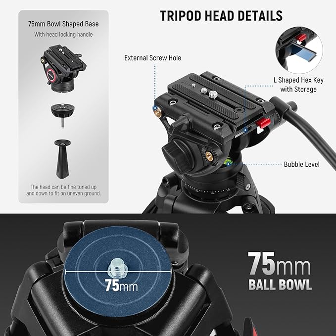 NEEWER 74" Video Tripod with Fluid Head, QR Plate , Aluminum Heavy Duty Camera Tripod Professional for DSLR Cameras Camcorders, Max Load 17.6lb/8kg, TP74