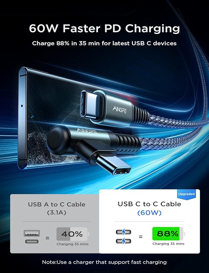AINOPE USB C Cable 60W 4-Pack 3.3FT+3.3FT+6.6FT+10FT Nylon Braided USB C to USB C Cable Type C Charger Fast Charging Right Angle USBC Cable Charger Cord for iPhone 16 Pro Max 15 Plus Samsung S24 Grey