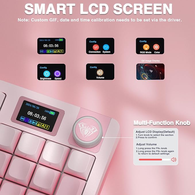AULA S98 Pro Wireless Mechanical Keyboard with Screen & Knob,2.4GHz/USB-C/BT5.0 Hot Swappable Pink Creamy Keyboard,Pre-lubed Linear Switches,Side Printed PBT Keycaps,RGB Backlit Gaming Keyboards