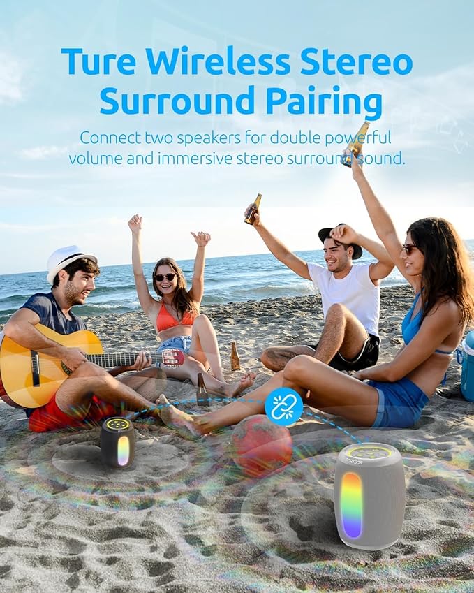 Portable Bluetooth Speaker Wireless, Powerful Stereo Sound Small Speaker with Lights, IPX5 Waterproof, TWS Pairing, BT 5.3 with AUX Input, for Outdoor/Home/Camping/Beach/Shower, Him Her Ideal Gifts
